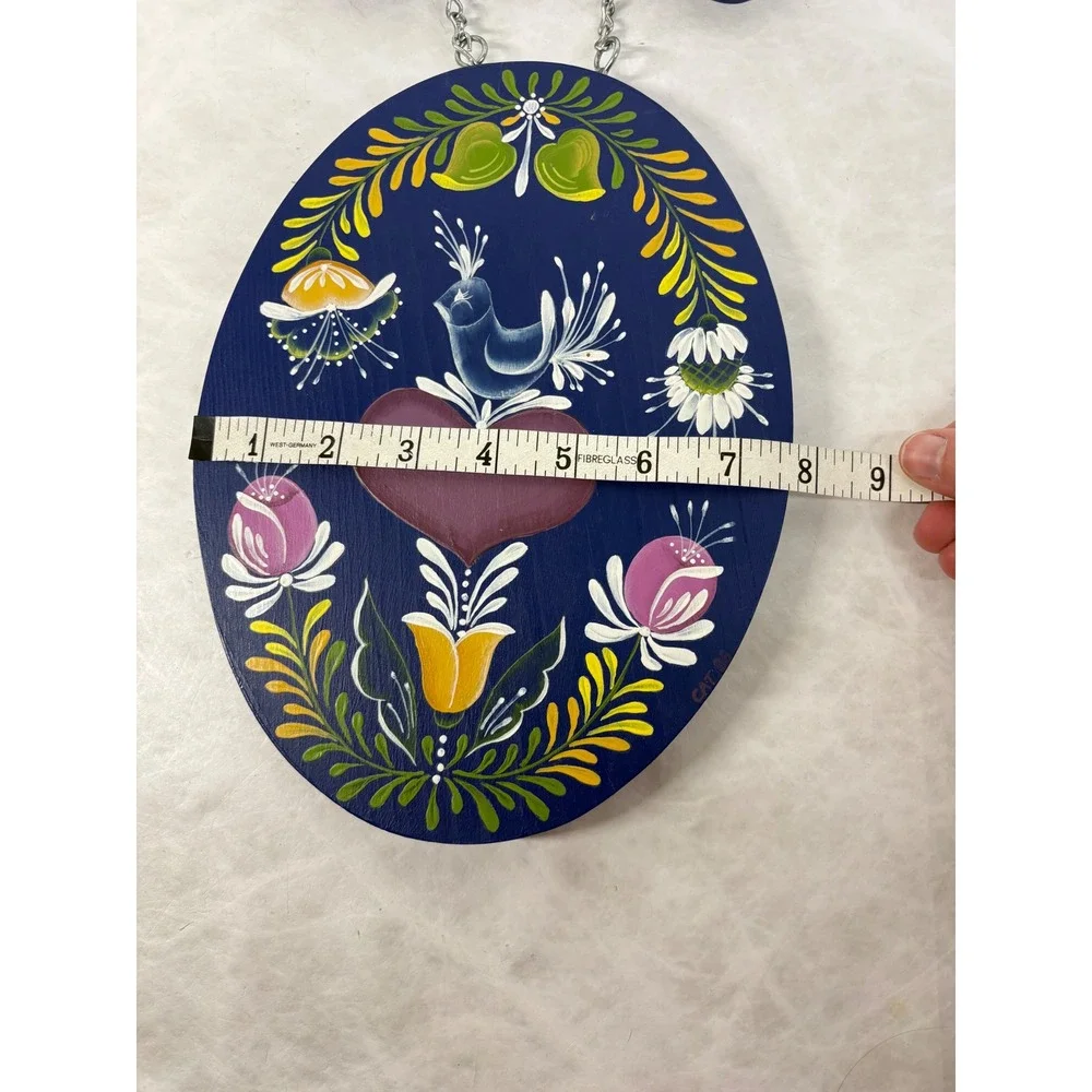 Vintage 1988 Hand Painted Rosemaling Wood Welcome Sign Folk Art Bird Heart Navy